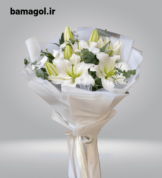 دسته گل طبیعی تبریک لیلیوم سفید بزرگ – کد 0091