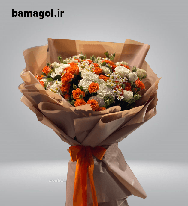 دسته گل طبیعی تبریک رز مینیاتوری سفید نارنجی -کد 0088