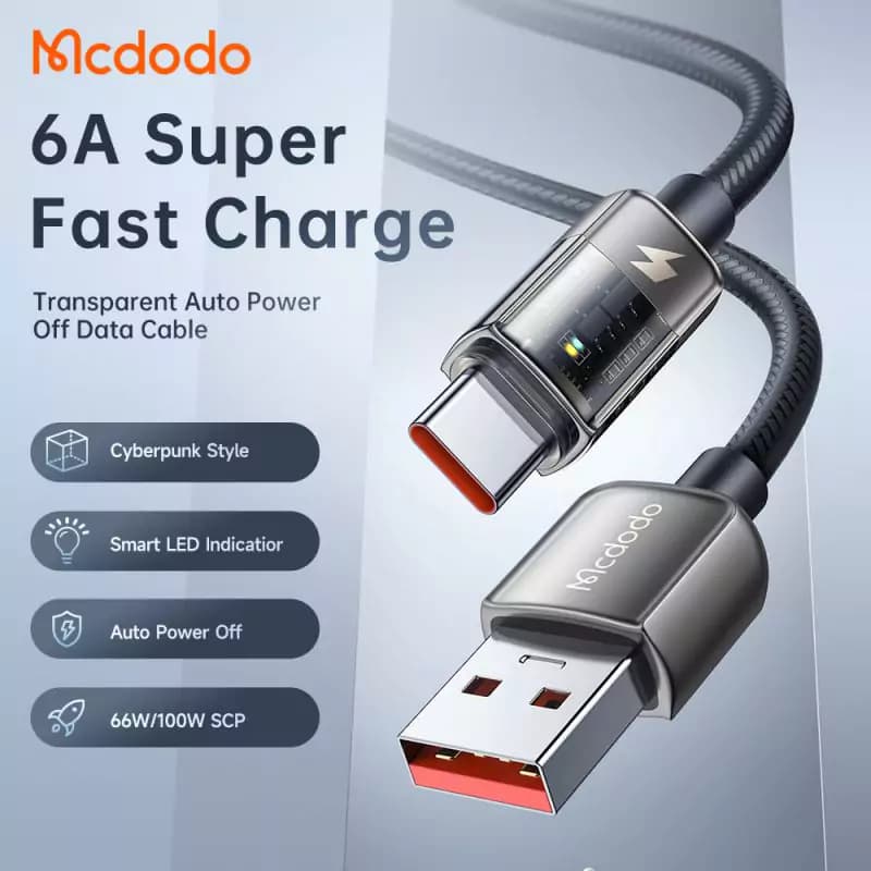 کابل تایپ سی فست شارژ Mcdodo CA-3151 6A QC4.0 100W 1.8m — تصویر ۶