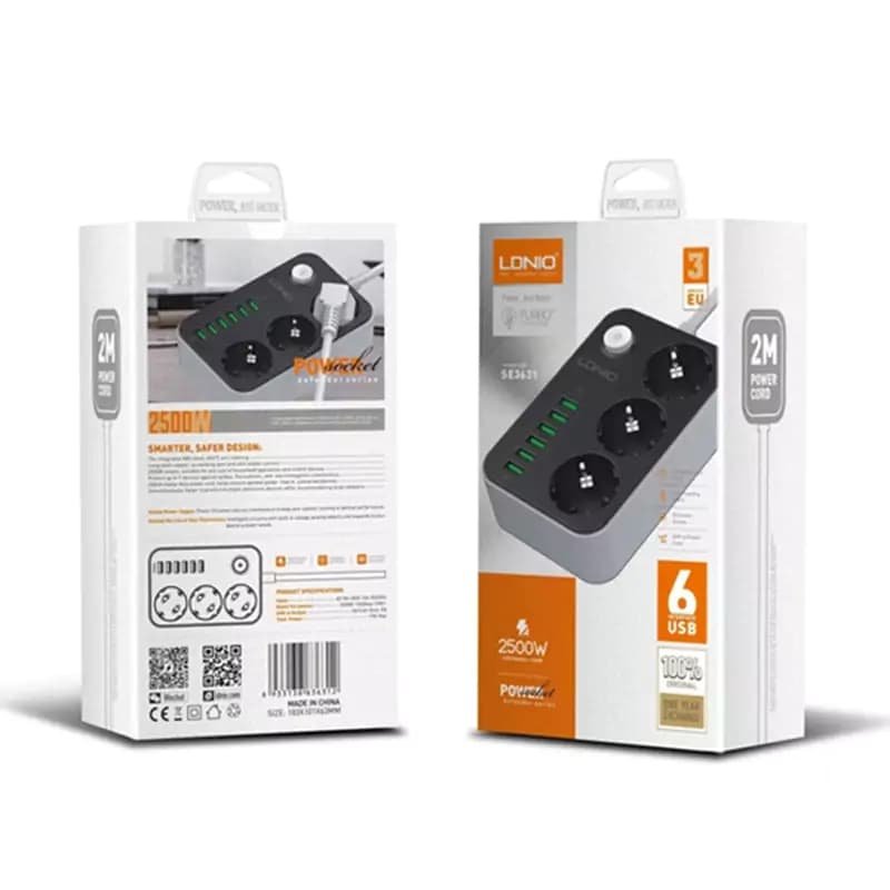 چند راهی 3 خانه برق الدینیو SE3631 با کابل 2 متری + شارژر USB — تصویر ۱۰