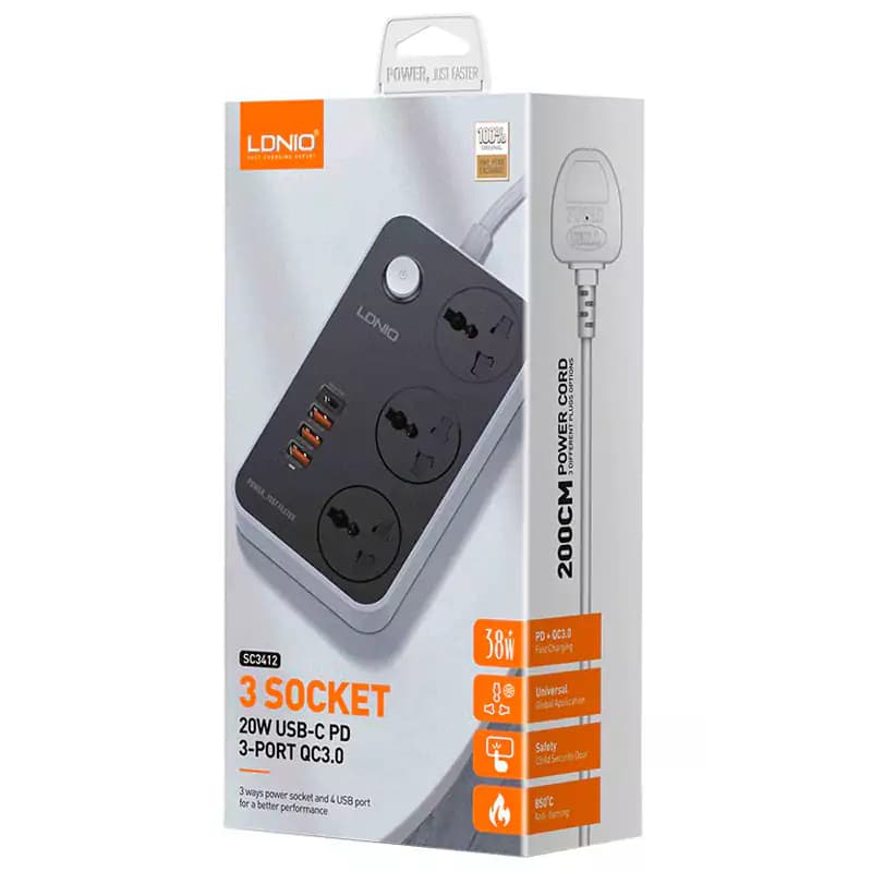 چند راهی 3 خانه برق ارت دار الدینیو SC3412 با کابل 2 متری + شارژر USB و Type-C — تصویر ۱۰