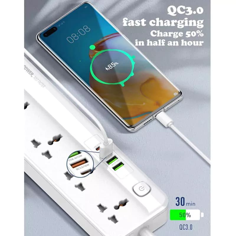 چند راهی 5 خانه برق ارت دار الدینیو SC5415 با کابل 2 متری + شارژر USB و Type-C — تصویر ۸
