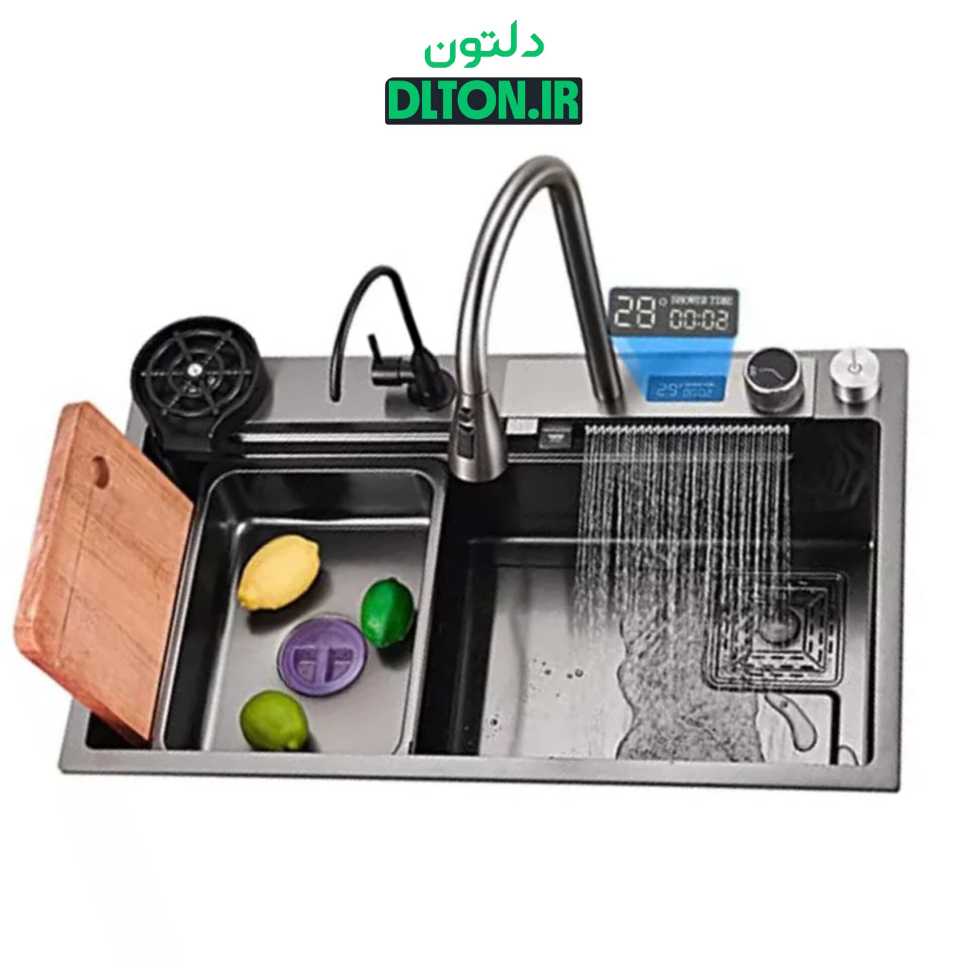 سینک ظرفشویی آبشاری مشکی مدل پیانویی 2 کلید گرید A — تصویر ۲