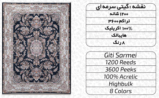 فرش ماشینی گیتی نقره‌ای و سرمه‌ای 8 رنگ 1200 شانه — تصویر ۵
