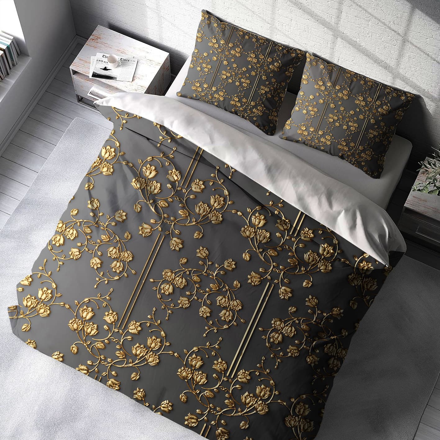 روتختی دو نفره طرح شیک لاکچری طوسی طلایی BAs-2969