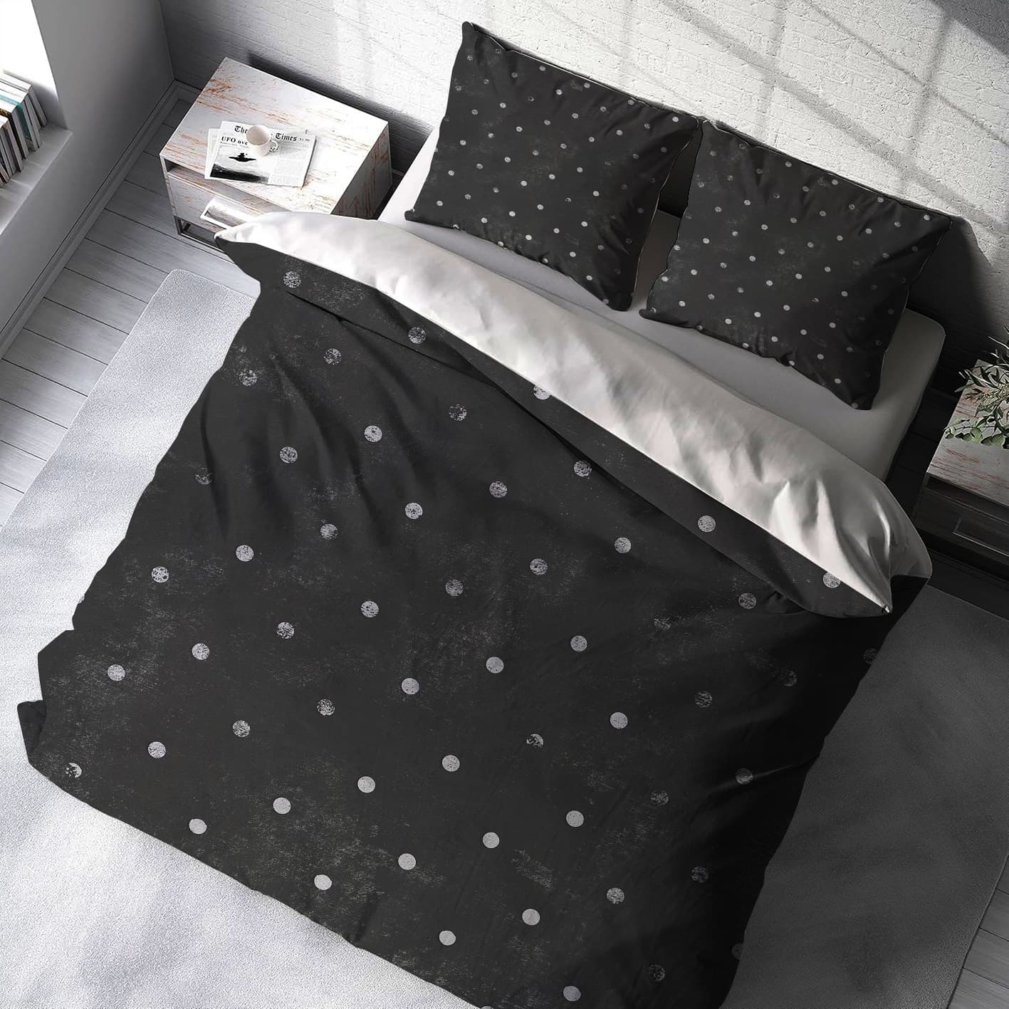ست روتختی دونفره طرح ساده مشکی خال خالی BAs-8139
