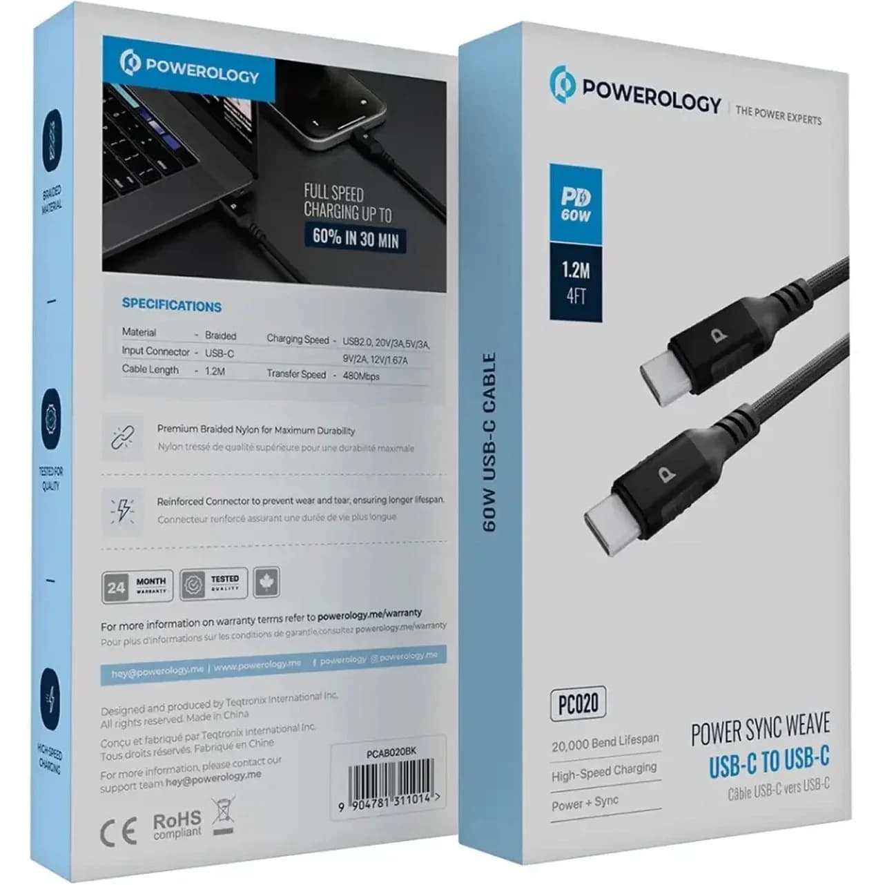 کابل تایپ‌سی به تایپ‌ سی 60 وات 1.2 متری پاورولوژی Powerology PC020 PCAB020 — تصویر ۳