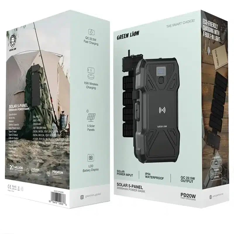 پاور بانک 20 وات گرین لاین مدل Solar 5-Panel ظرفیت 20000 — تصویر ۳