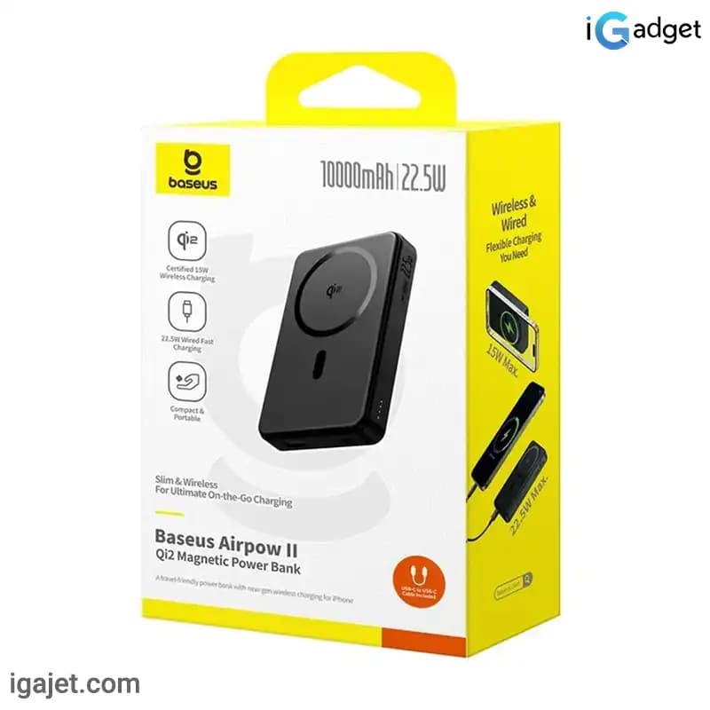 پاوربانک بی سیم 22.5 وات باسئوس مدل Airpow II Qi2 Magnetic ظرفیت 10000 میلی آمپر ساعت — تصویر ۸