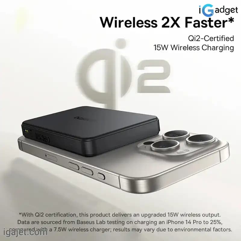 پاوربانک بی سیم 22.5 وات باسئوس مدل Airpow II Qi2 Magnetic ظرفیت 10000 میلی آمپر ساعت — تصویر ۹