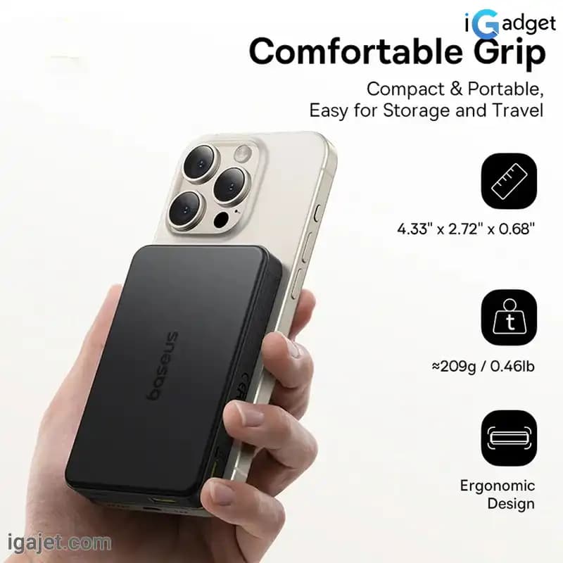 پاوربانک بی سیم 22.5 وات باسئوس مدل Airpow II Qi2 Magnetic ظرفیت 10000 میلی آمپر ساعت — تصویر ۳