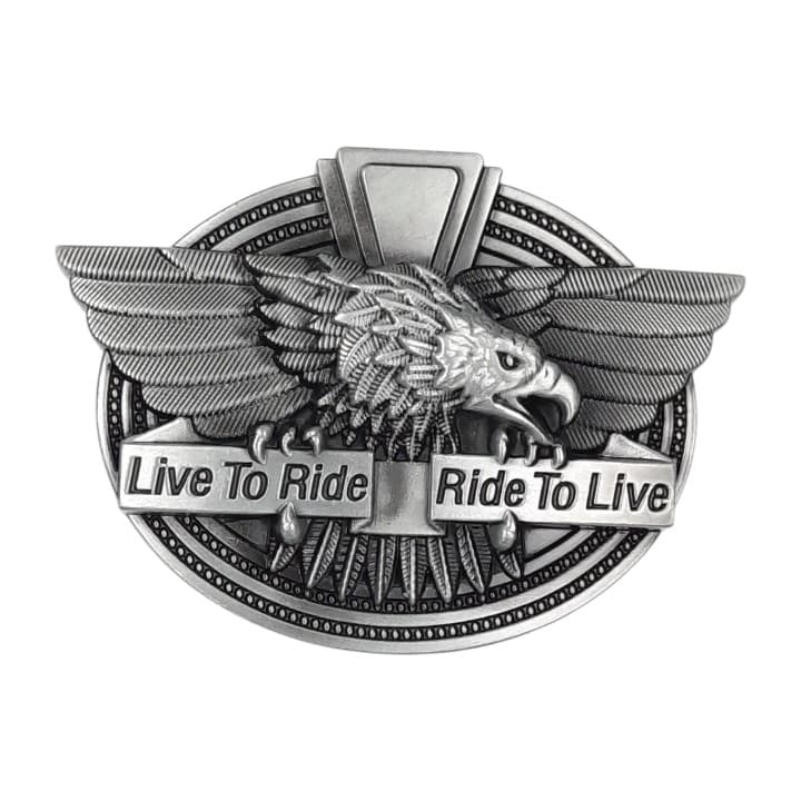 کمربند فلزی طرح عقاب شکاری مدل Live To Ride, Ride To Live رنگ نقرهای عتیقهنما