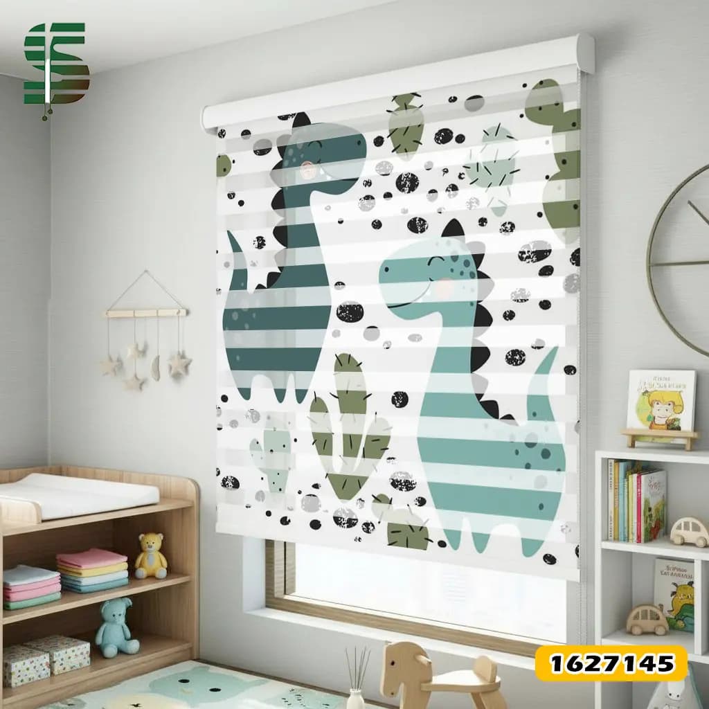 پرده زبرا کودک کد 1627145 طرح دایناسور دینو همراه با کاکتوس