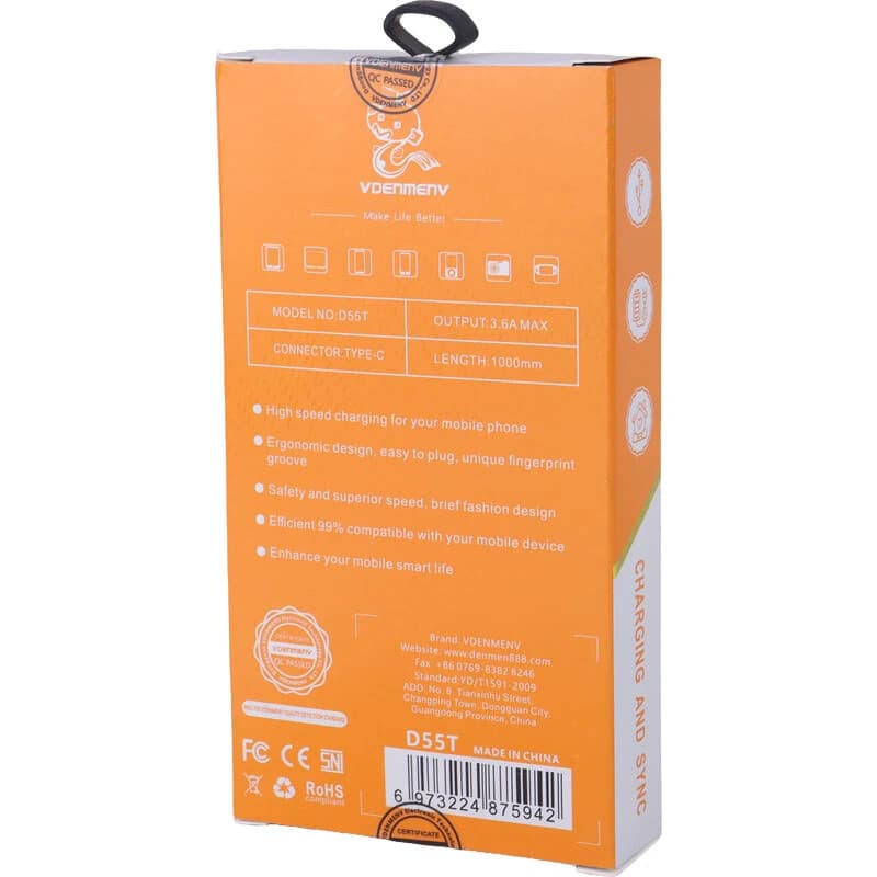 کابل تایپ سی فست شارژ 3.6 آمپر دنمن D55T طول 1 متر — تصویر ۶