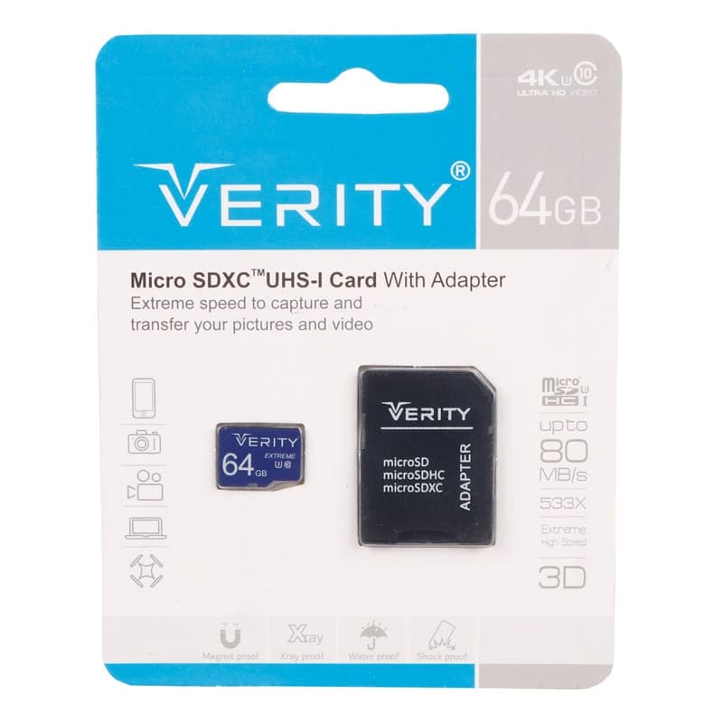 رم میکرو 64 گیگ وریتی Verity U3 C10 80MB/s + خشاب — تصویر ۲