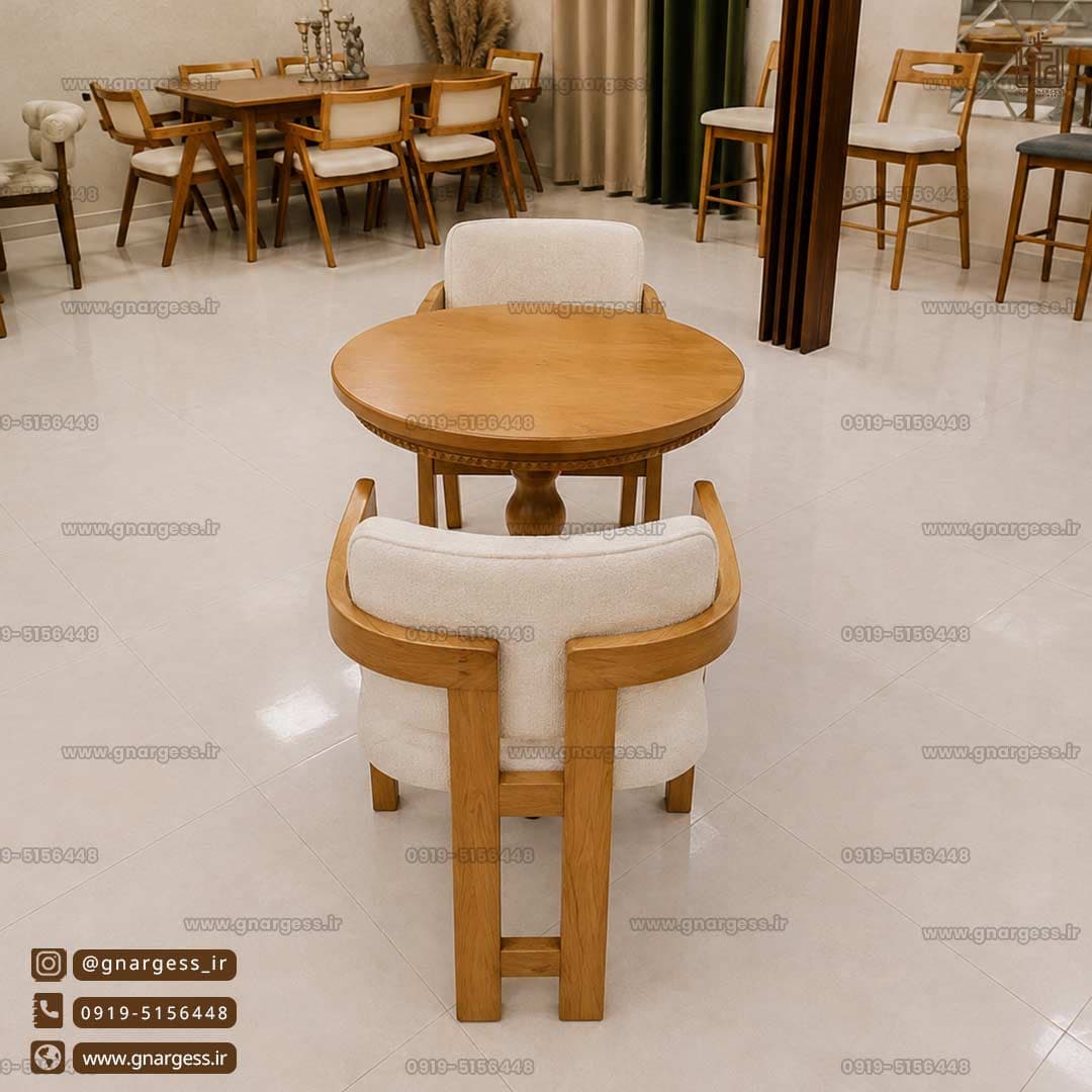 میز ناهار خوری مینیمال 2 نفره چوبی با صندلی اچ راش دسته دار