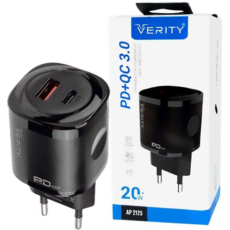 شارژر دیواری فست شارژ Verity AP-2125 2Port 3A QC3.0 PD 20W + کابل تایپ سی ا Verity AP-2125 2Port 3A کد 5165