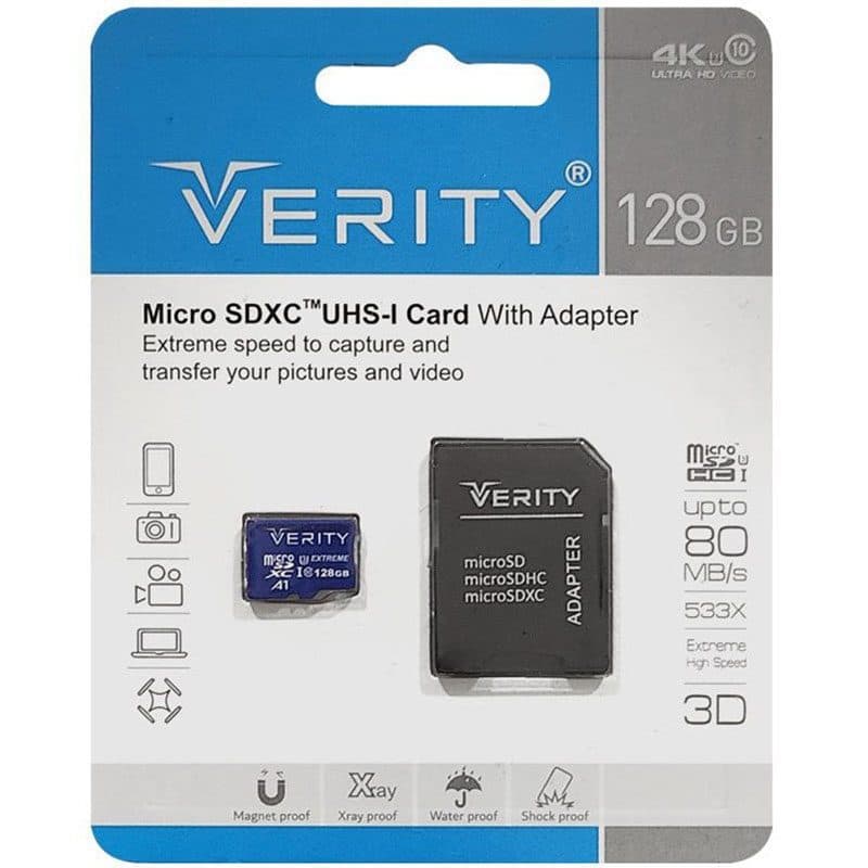 رم میکرو 128 گیگ VERITY مدل U3 80MB/s 533X آداپتور دار کد 3632