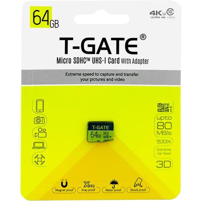 رم میکرو 64 گیگ T-GATE مدل U3 80MB/s 533X کد 6882