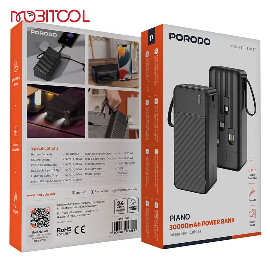 پاوربانک 30000 میلی آمپر پرودو با کابل متصل Porodo Piano 30000mAh Power Bank with Integrated Cables — تصویر ۹