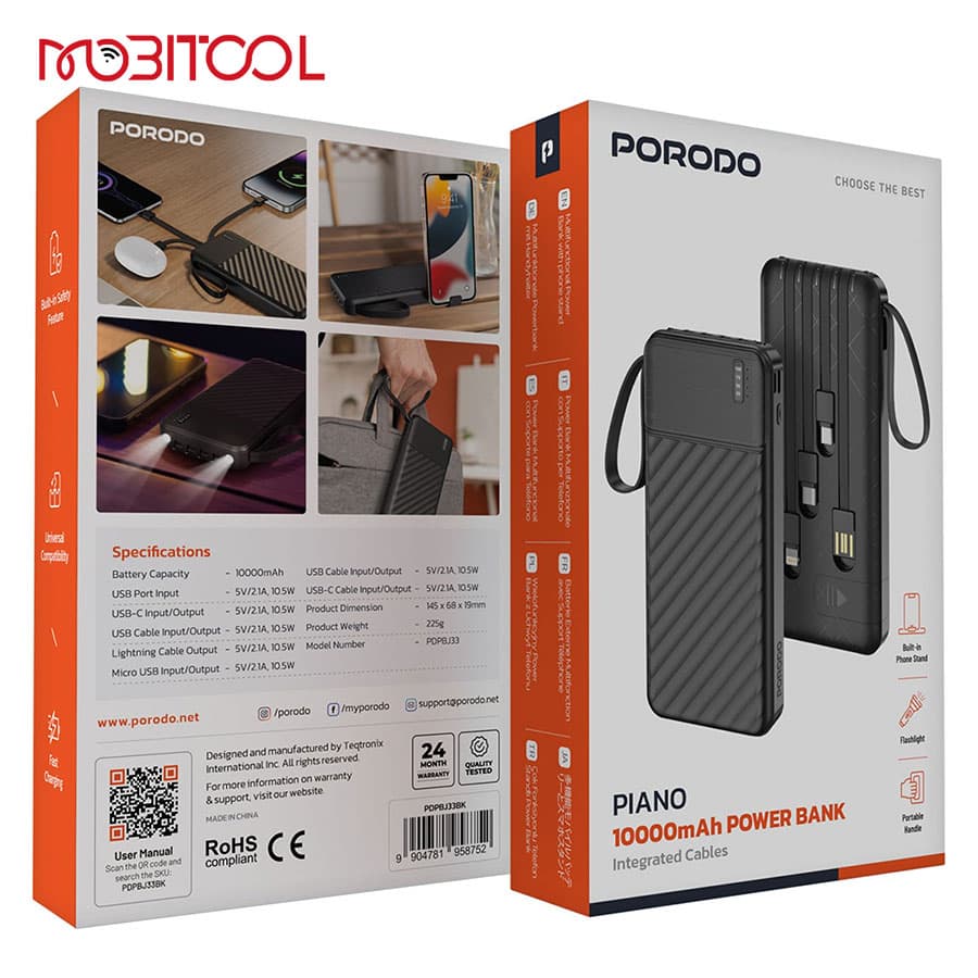 پاوربانک 10000 میلی آمپر پرودو با کابل متصل Porodo Piano 10000mAh Power Bank with Integrated Cables — تصویر ۹