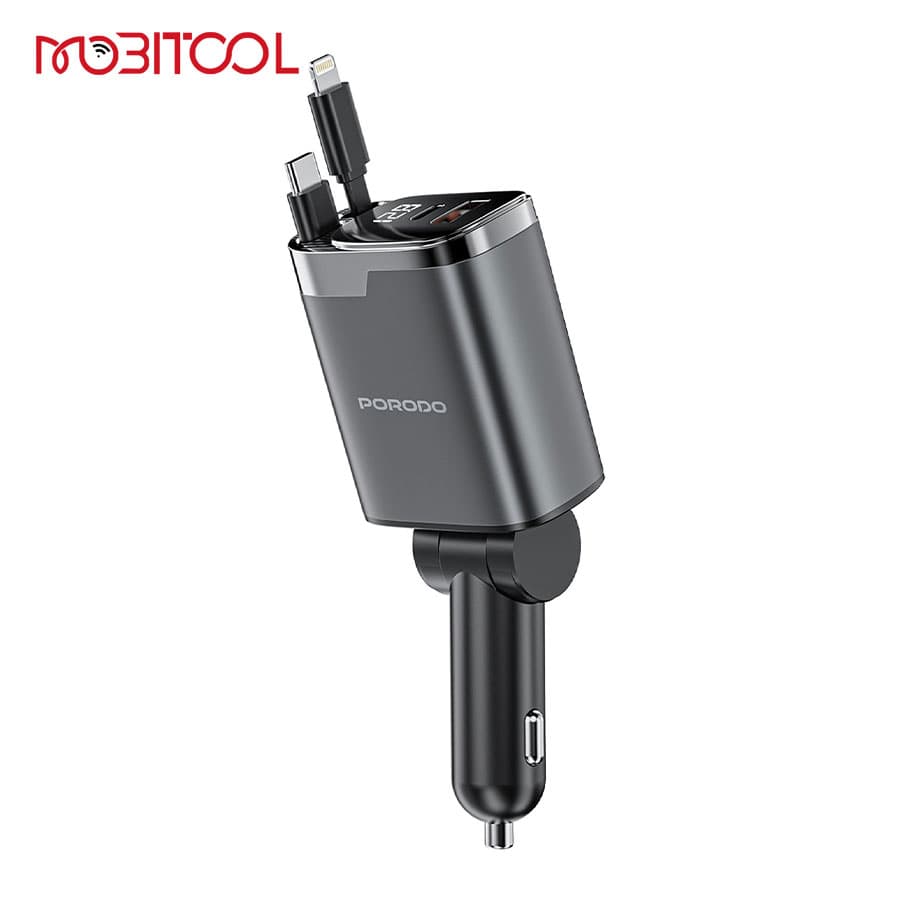 شارژر فندکی با کابل جمع شونده 111 وات پرودو Porodo 111W Car Charger Lightning & Type-C Retractable Cables PDC46P — تصویر ۳