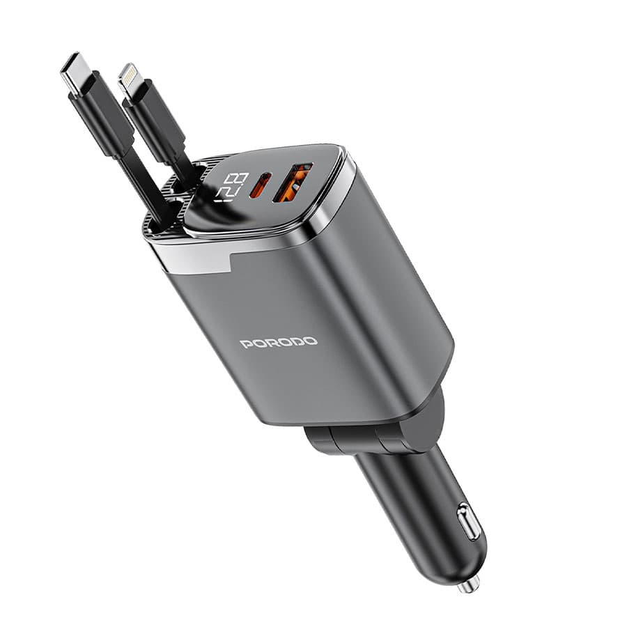 شارژر فندکی با کابل جمع شونده 111 وات پرودو Porodo 111W Car Charger Lightning & Type-C Retractable Cables PDC46P
