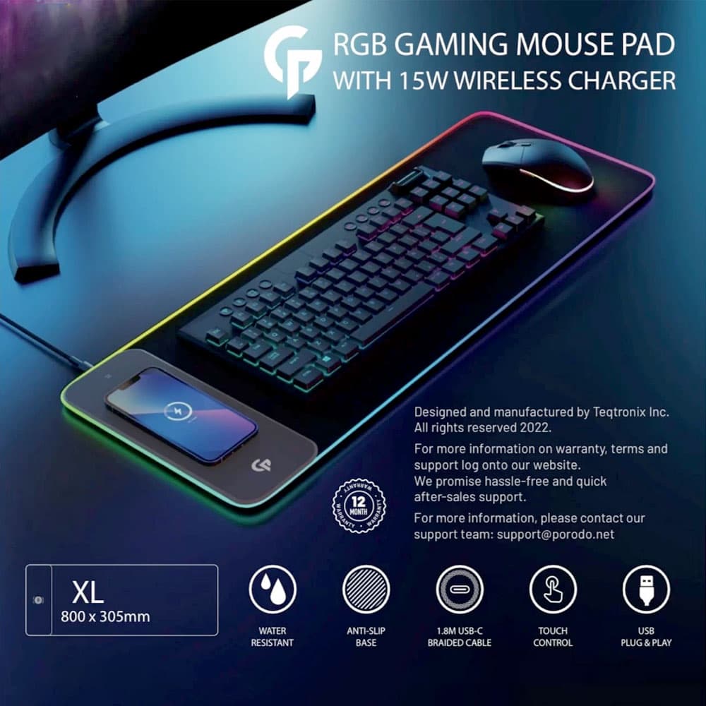 ماوس پد گیمینگ RGB پرودو همراه با شارژر وایرلس Porodo Gaming PDX115 RGB Gaming Mouse Pad — تصویر ۱۲