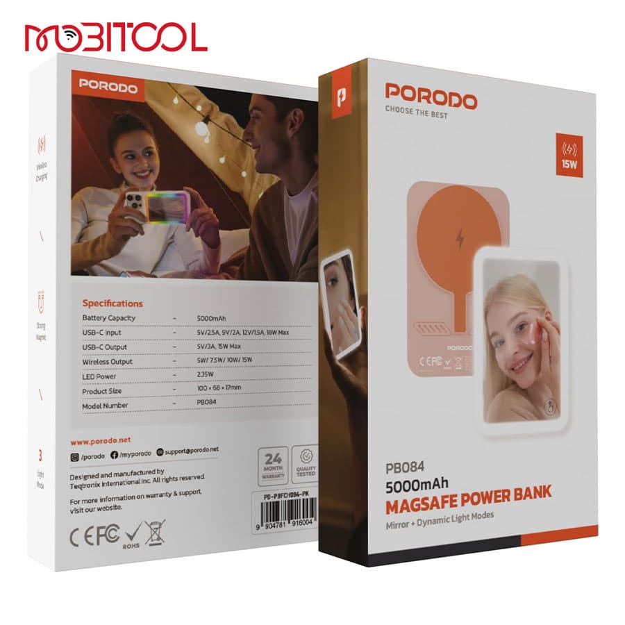 پاوربانک مگ سیف پرودو همراه با آینه چراغ دار Porodo 5000mAh MagSafe Power Bank with Dynamic Light PB084 — تصویر ۷
