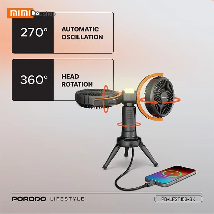 پنکه رومیزی شارژی و پاوربانک پرودو Porodo Dual-Head Oscillating Fan PD-LFST150 دارای چراغ LED — تصویر ۸