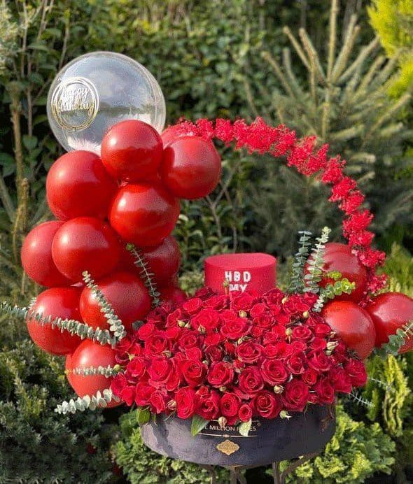 گل رز قرمز هلندی با بادکنک و کیک تولد 220