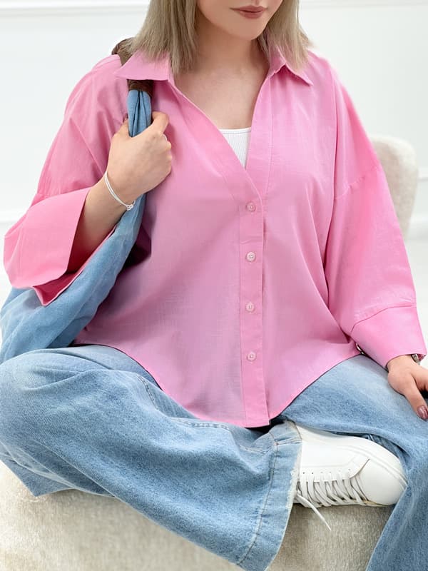 شومیز مانتویی اورسایز یقه هفت – صورتی تیره