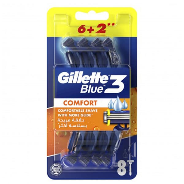 تیغ اصلاح ۸ عددی ژیلت بلو ۳ کامفورت (Gillette Blue 3 Comfort Disposable Razors) بسته ۸ عددی
