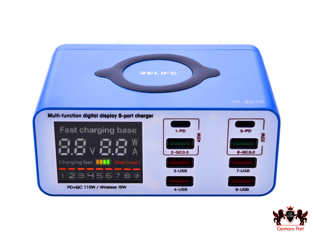شارژر هاب و تستر 8 پورت وایرلس شارژ هوشمند ریلایف-8PORTS WITH WIRELESS USB CHARGER RL 304S RELIFE