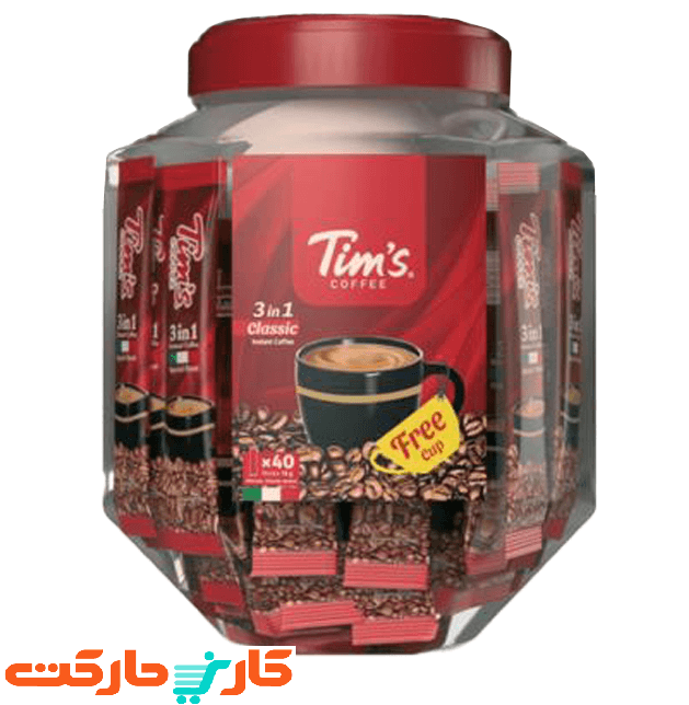 قهوه فوری 3 در یک تیمز بسته 40 عددی به همراه فنجان Tim’s