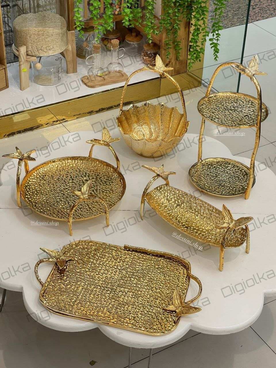 سرویس پذیرایی ۵ تکه ایوان طرح پروانه (طلایی و نقره ای) جنس آلومینیوم آبکاری نیکل — تصویر ۸