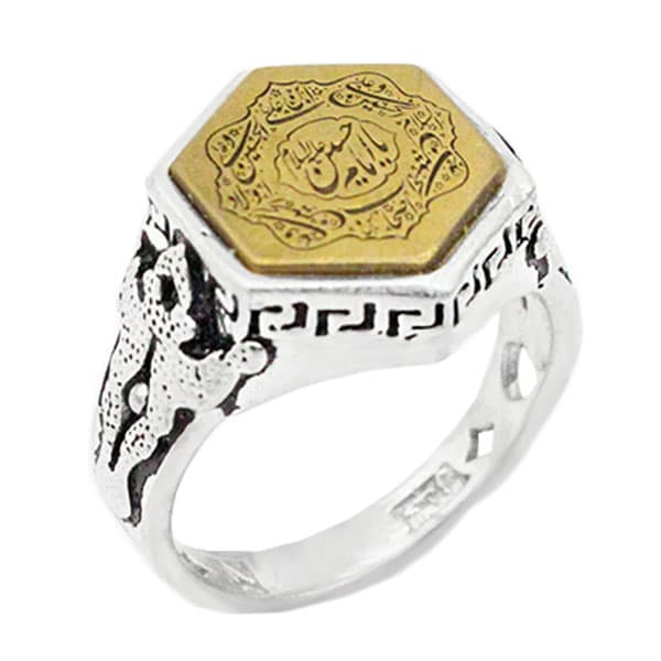 انگشتر حرز امام جواد (ع) نقره مردانه و زنانه طرح شش ضلعی یا امام حسین (ع) + تربت امام حسین (ع)