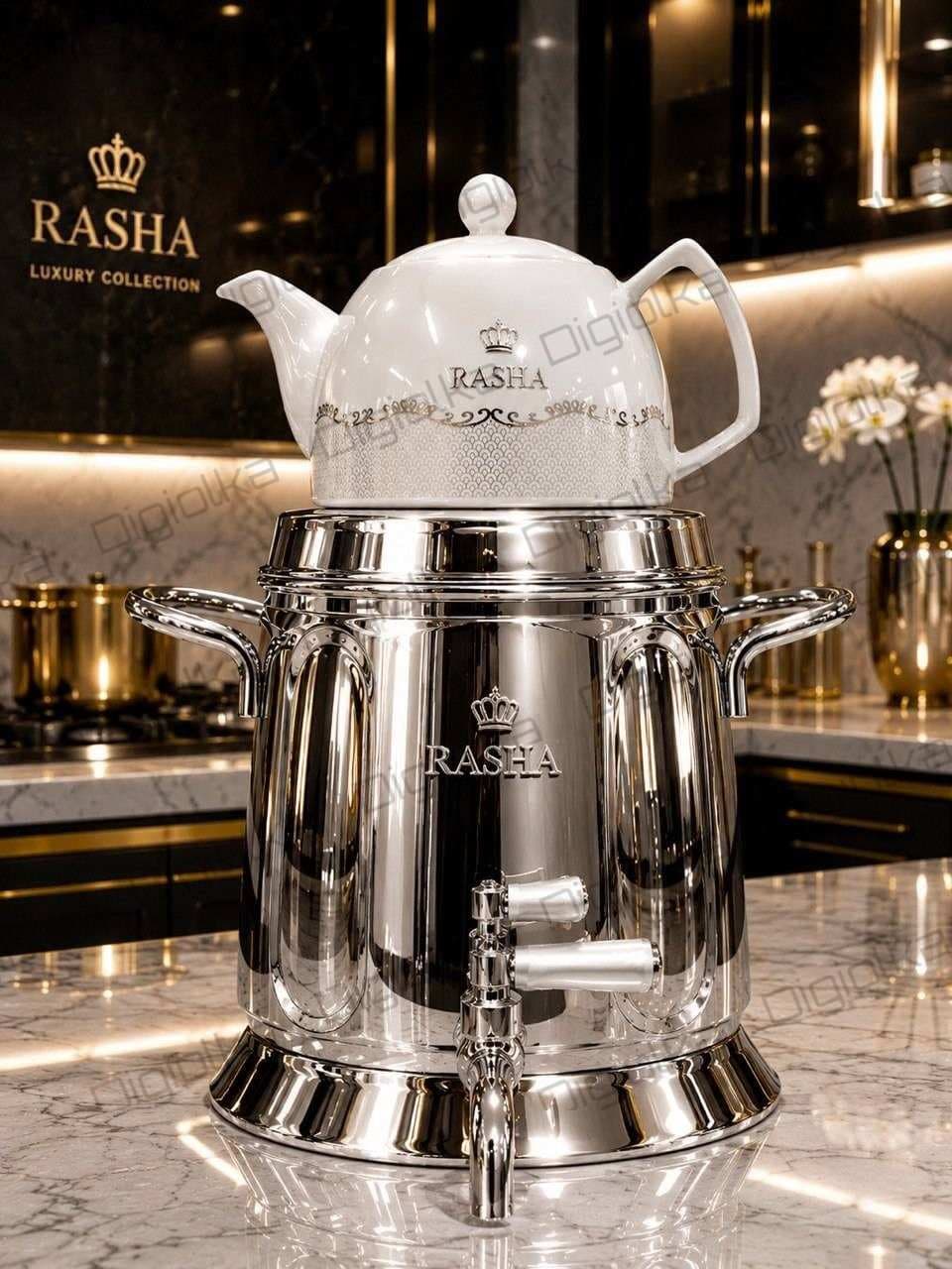 کتری قوری شیردار استیل راشا RASHA کف چدن با قوری چینی — تصویر ۲