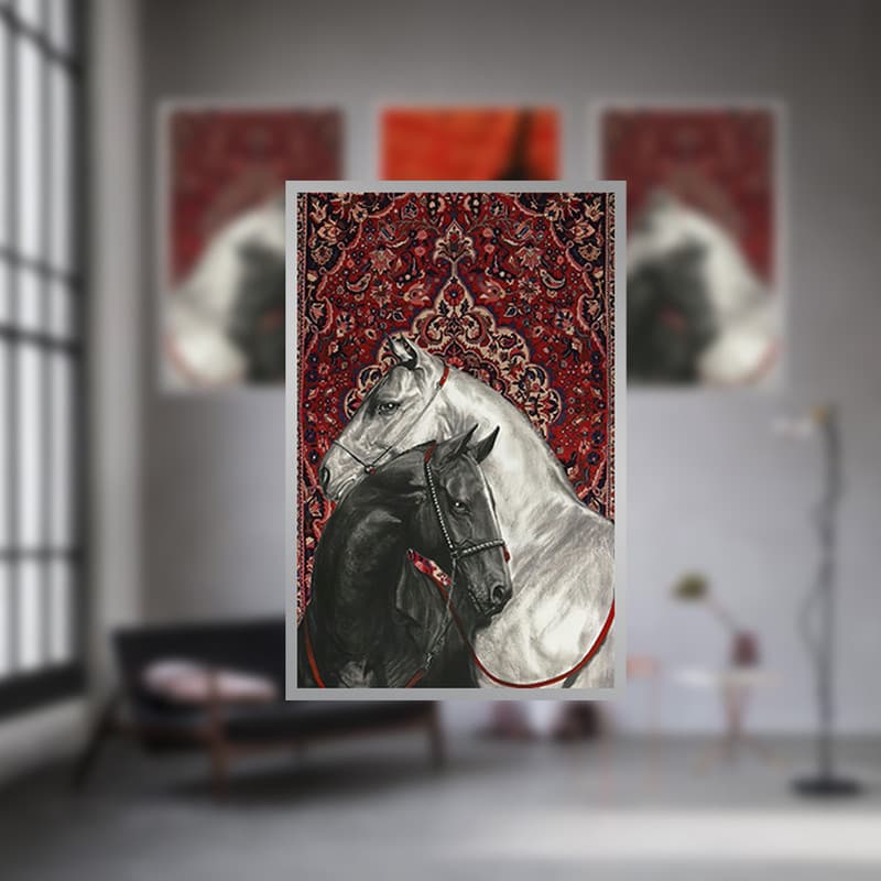 تابلو بکلیت طرح نقاشی چهره و اسب مدل SI-3344 فریم نقره ای مجموعه 3 عددی — تصویر ۷