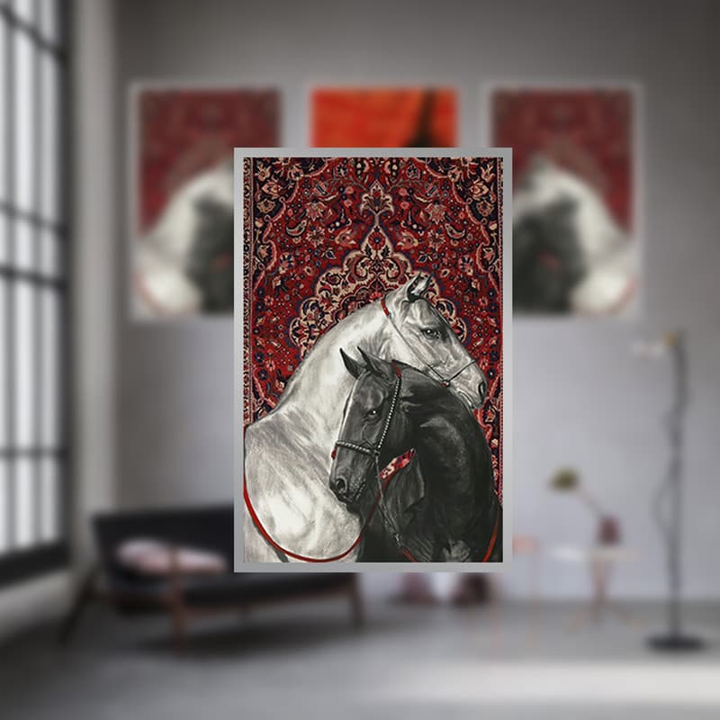تابلو بکلیت طرح نقاشی چهره و اسب مدل SI-3344 فریم نقره ای مجموعه 3 عددی — تصویر ۵