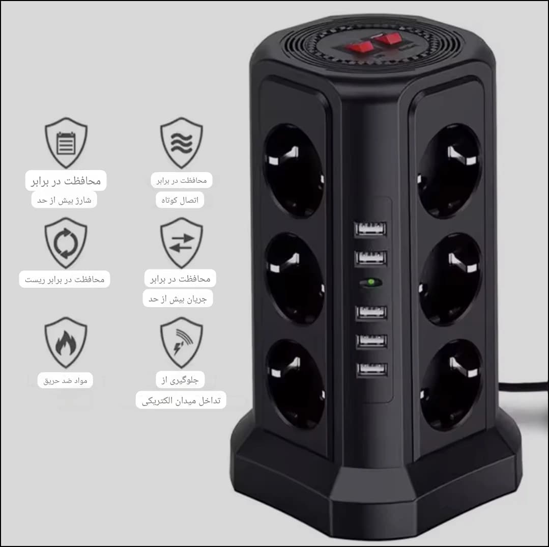 چندراهی برق هوشمند عمودی KUTUMAI مدل XT-G3211 با 12 پریز و 5 پورت USB – محافظ Surge — تصویر ۴