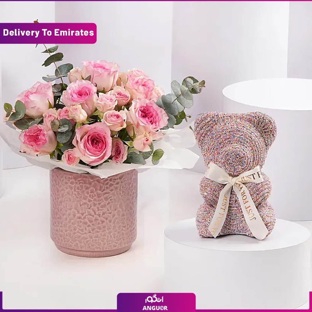 باکس گل و عروسک نقره ای ( ارسال به دبی و امارات ) — تصویر ۴