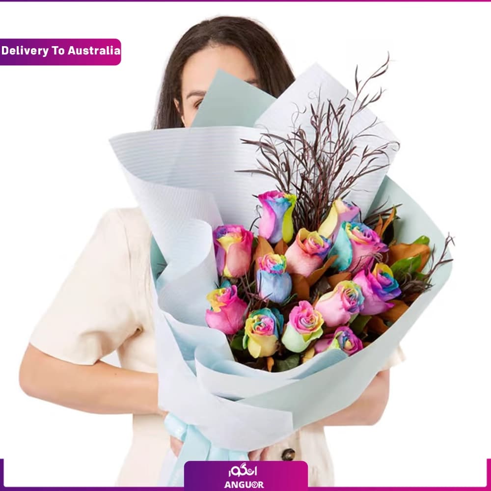 دسته گل رزهفت رنگ 12 شاخه (ارسال گل به استرالیا)