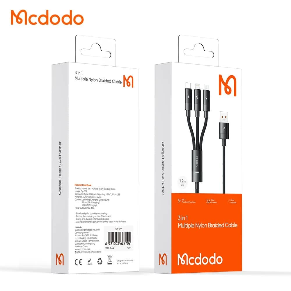 کابل شارژ چند سر 3 کاره 3 آمپر USB-A به Type-C و Lightning و Micro USB طول 1.2 متر برند مک دودو مدل Mcdodo CA-5790 — تصویر ۱۱