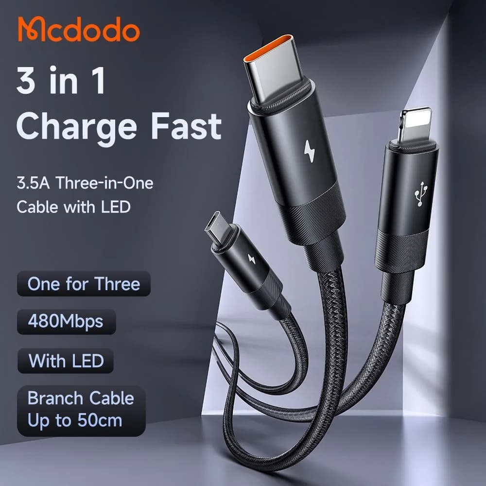 کابل شارژ چند سر 3 کاره 3 آمپر USB-A به Type-C و Lightning و Micro USB طول 1.2 متر برند مک دودو مدل Mcdodo CA-5790 — تصویر ۶