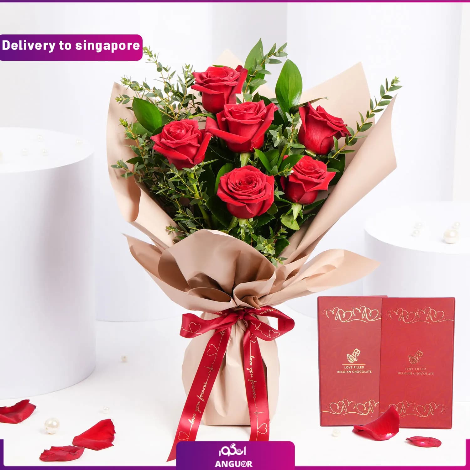 دسته گل رز و کیک (تحویل در سنگاپور)