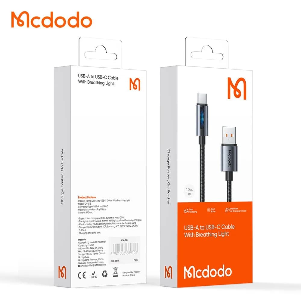 کابل شارژ 6آمپر 100وات USB-A به Type-C دارای نورپردازی LED طول 1.2 متر برند مک دودو مدل Mcdodo CA-5180 — تصویر ۳