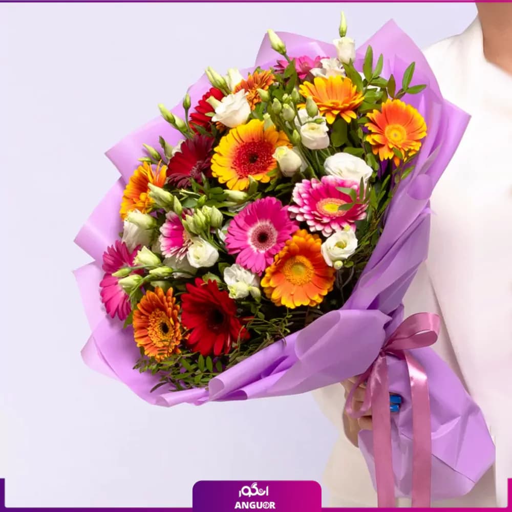 دسته گل ترکیبی لیسیانتوس و ژربرا — تصویر ۲