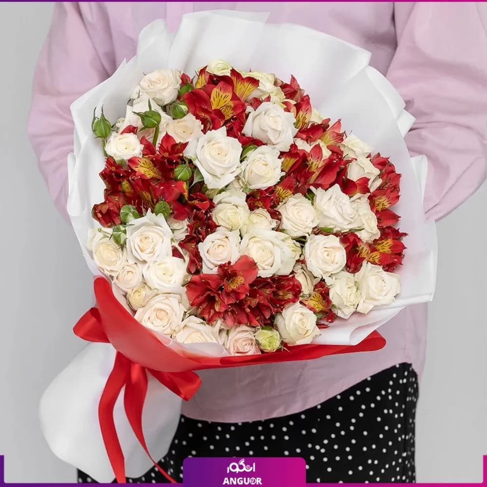 دسته گل آلسترومریا نارنجی و رز مینیاتوری — تصویر ۲