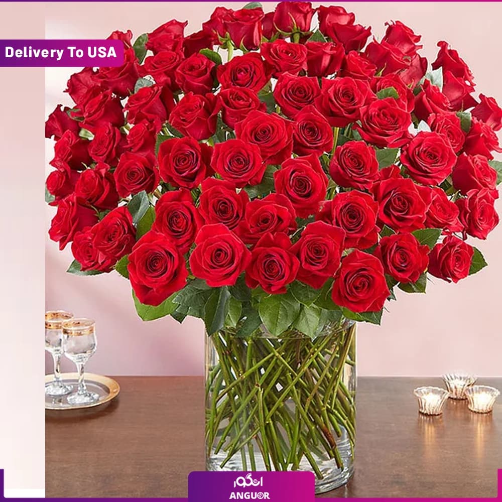 دسته گل 100 شاخه رز قرمز (تحویل در امریکا)